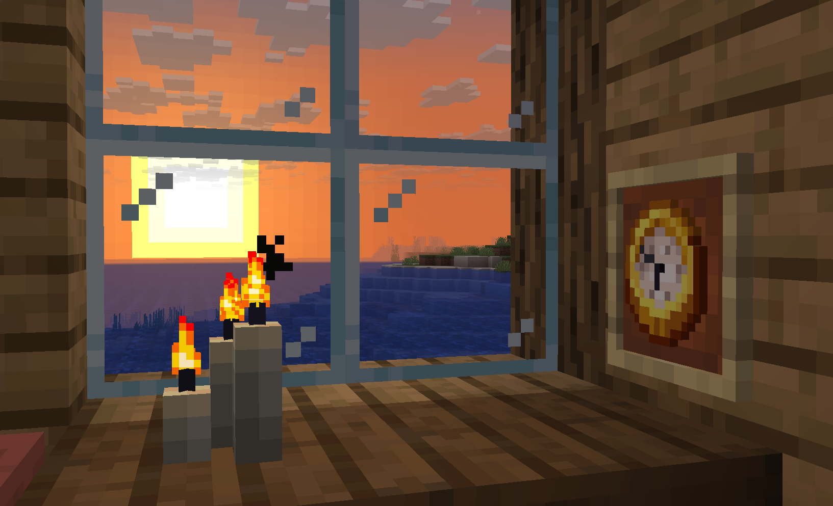 A clock in an item frame in front of a window with a sunset
