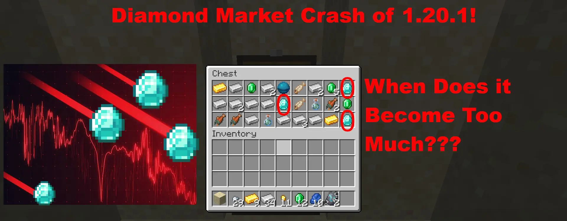 The image is a play on the "Does he know" and "What is he cooking" style thumbnail memes, but it is about there being too many diamonds in overworld chests.