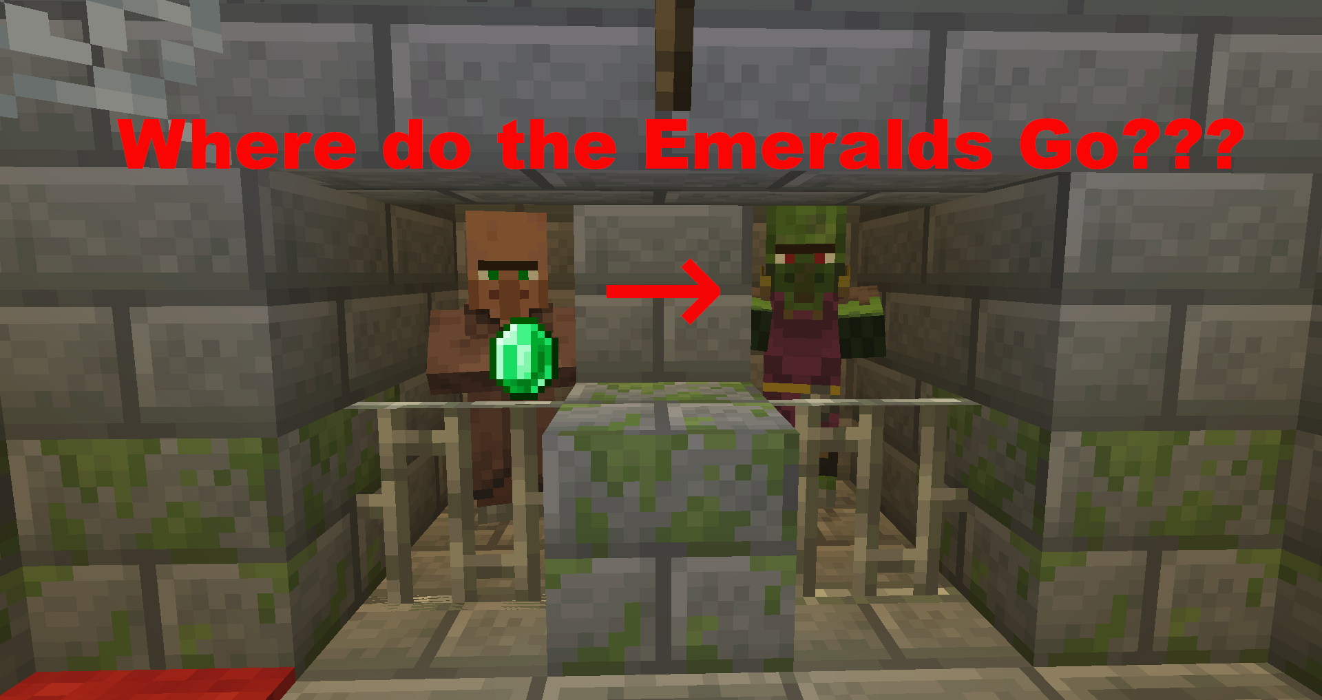 The image is a play on the "Does he know" and "What is he cooking" style thumbnail memes, but it is about zombie villagers not having emeralds.