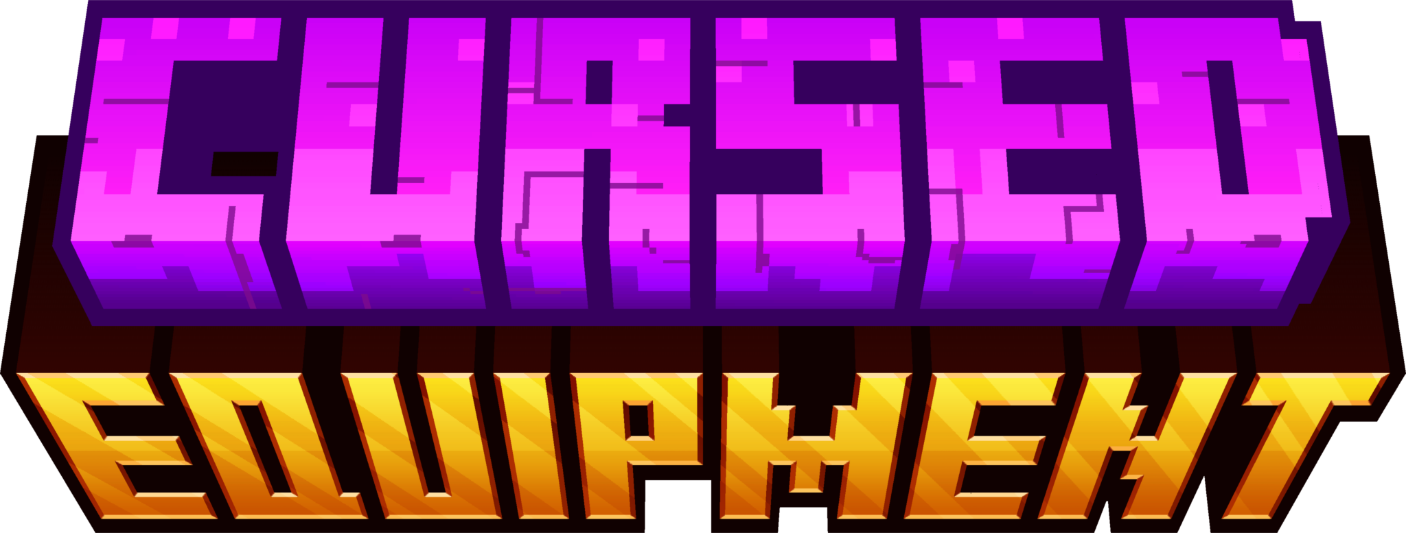 The logo of the Cursed Equipment Minecraft mod, with a puple word "Cursed" and a gold word "Equipment"