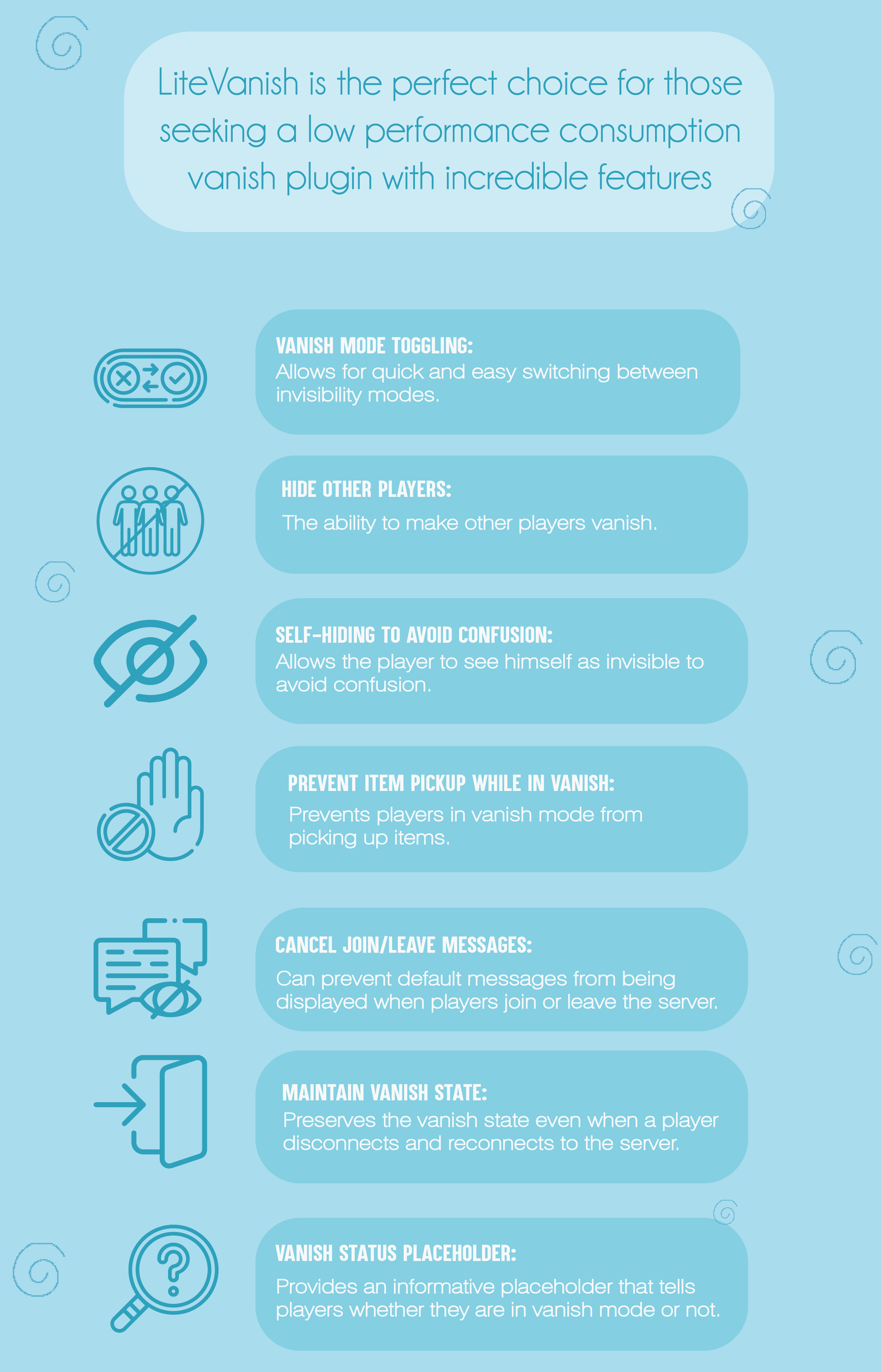 **特性:**- 消失模式切换 - 隐藏其他玩家 - 自我隐藏以避免混淆 - 处于消失状态时禁止拾取物品 - 取消加入/离开消息 - 保持消失状态 - 消失状态占位符 - 等等... 