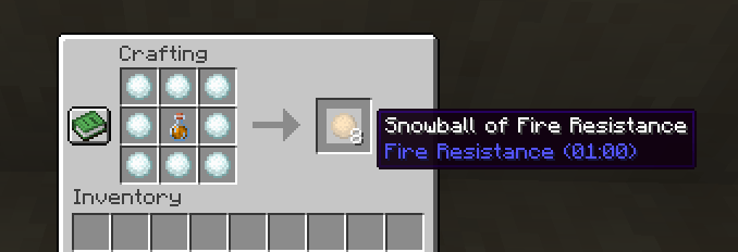 The crafting recipe for infused snowballs consists of a potion placed in the center of a crafting table, surrounded on all sides by snowballs. The result is 8 snowballs, each with the potion's effect but diluted.