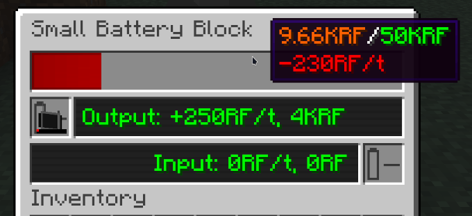 The small battery block interface - shows the output and input through item slots as well as the amount of energy stored and the total input/output