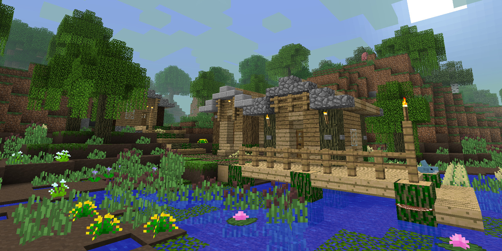 Example image of player base in reworked Swamplands with all new blocks.