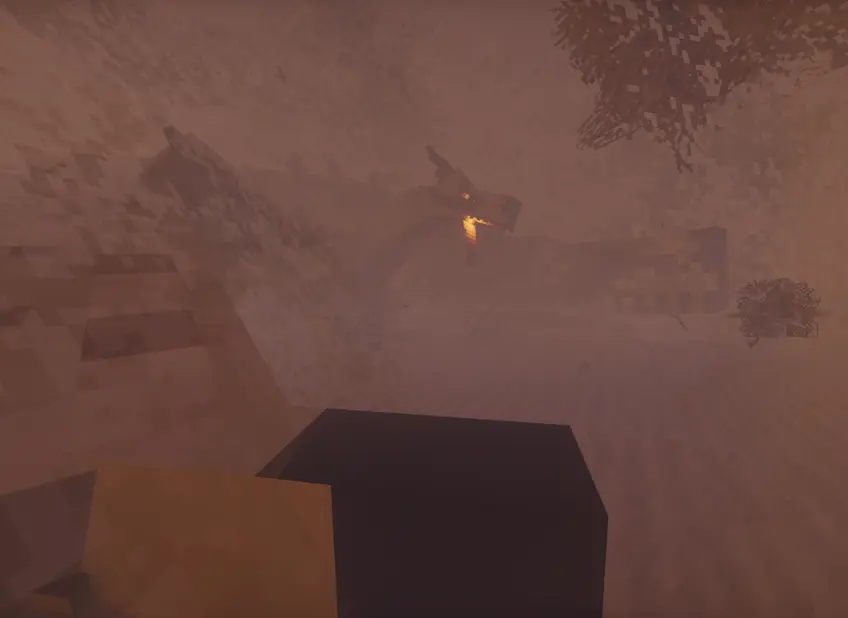 two dragons veiled in a sandstorm, their bodies barely visible. Only a fiery mouth visible from the dust.