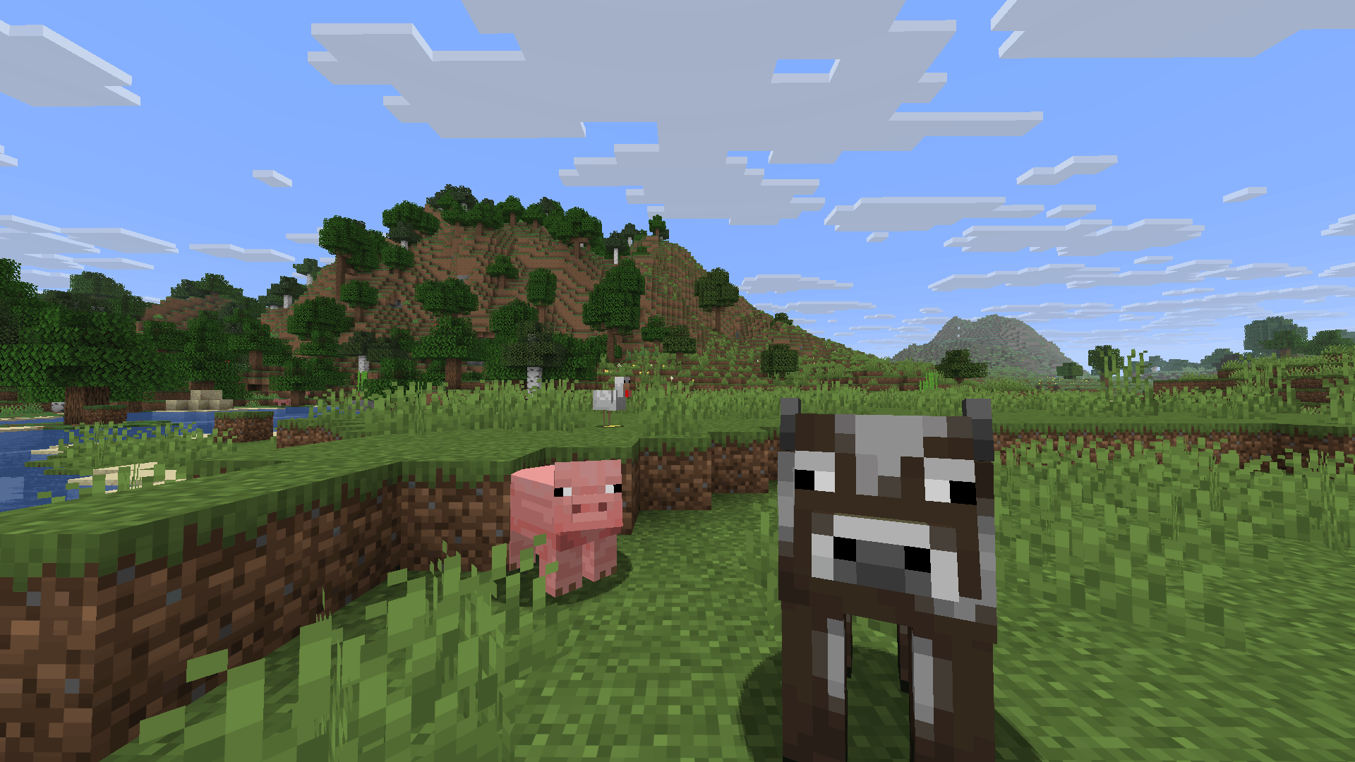 A chicken, cow, and pig