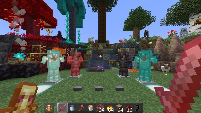The image showcases a vibrant and detailed environment with a strong focus on PvP elements. Several armor stands are displayed in different armor sets, including diamond, netherite, and other colorful variations. The weapons and items have a clean, distinct appearance, making them easy to recognize at a glance.  The scene features a wide variety of blocks, ores, vegetation, structures, and decorative elements with strong colors and high visual contrast. The hotbar is clearly visible at the bottom, with weapons, armor, food, and other items presented in a clean and easily recognizable style. A sword is held in the foreground, emphasizing the PvP-focused design.  The textures are colorful and detailed while remaining readable, allowing important gameplay elements such as armor, weapons, items, blocks, and inventory slots to stand out clearly. This makes the pack suitable for PvP, SMP gameplay, and Vanilla gameplay, where both visual style and quick recognition of important items matter.