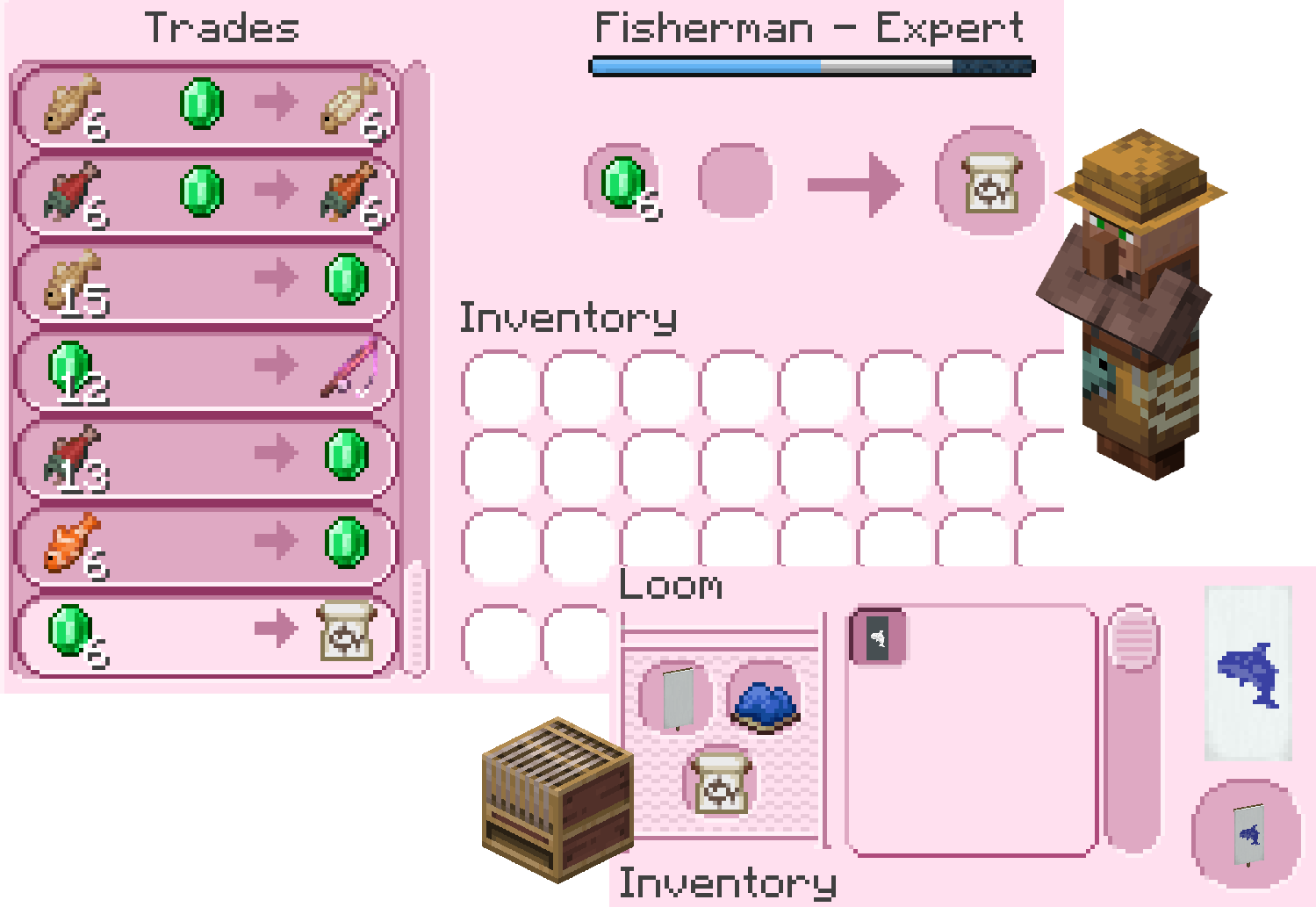 Fisherman trading window while trading for the shark banner pattern and a preview of the shark banner pattern in the loom