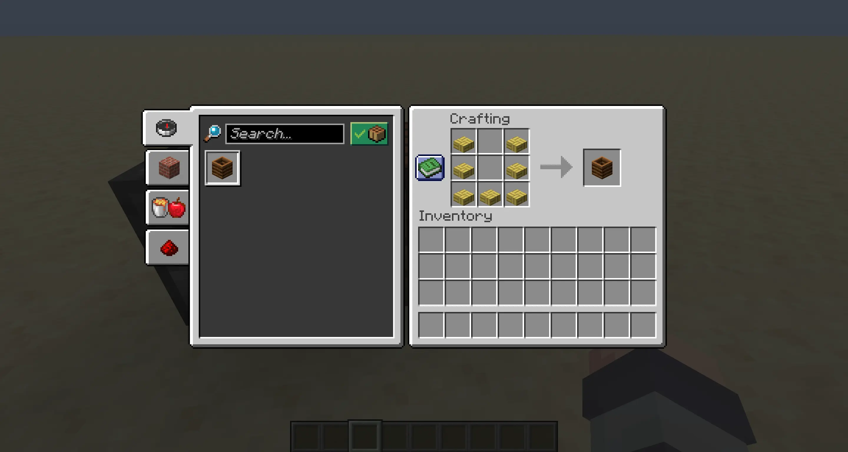 A Minecraft screenshot of the crafting table GUI. There are 7 bamboo mosaic slabs in the crafting grid, outputting a composter.