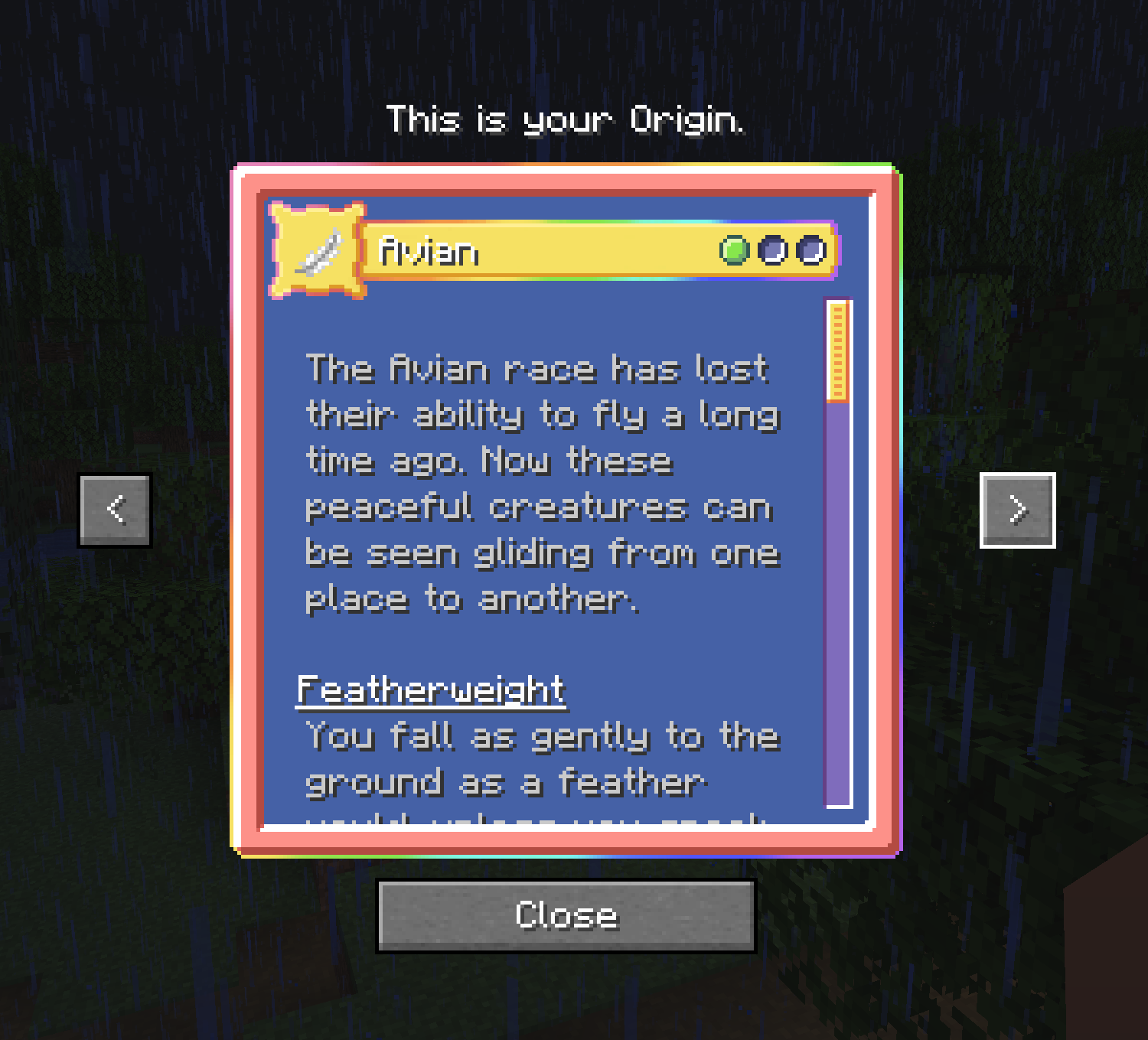 A colorful rendition of the original origins info screen, with brighter colors, rainbow borders, and the Avian origin currently on-screen.