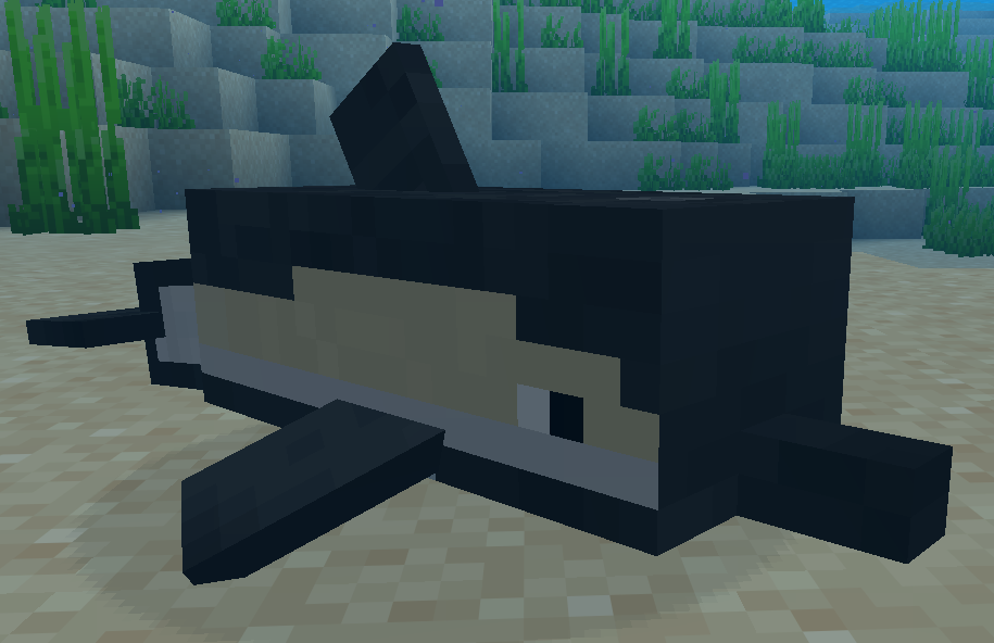A Minecraft dolphin, retextured. Instead of gray, it is now black with streaks of tan and white.