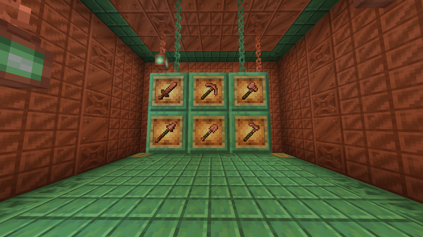 Copper Weapons and Tools displayed on Glow Item Frames, encased inside a Copper box.