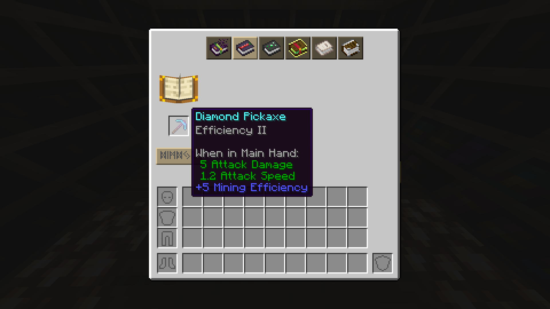 Enchanting table menu with a diamond pickaxe sitting in the encant slot, just having been enchanted with Efficiency 2.