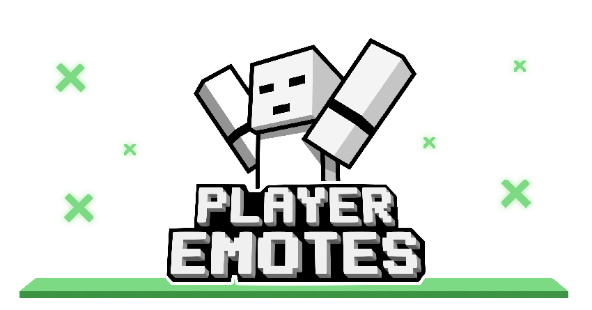 Image logo of the project Player Emotes, displaying the words Player Emotes in big, white letters, with a Minecraft like character in the background holding their hands up as if celebrating.