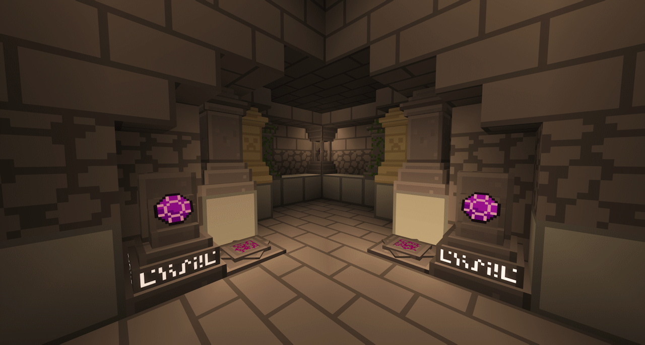 A hallway with portstones and warp plates in the front, then waystones, then a sharestone in the back