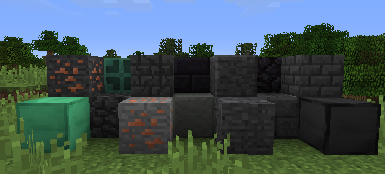 Copper ore, blocks, blackstone and netherite aligned