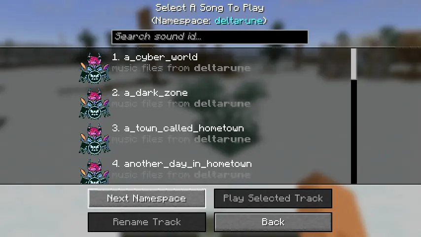 Single Track Mode screen showing custom music tracks from the selected namespace