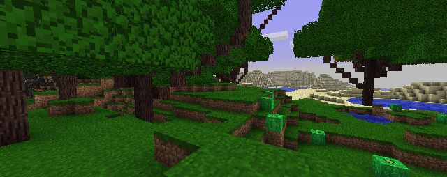 Vibrant green forest with jungle pumpkins to the right. A desert can be seen on the right of the horizon