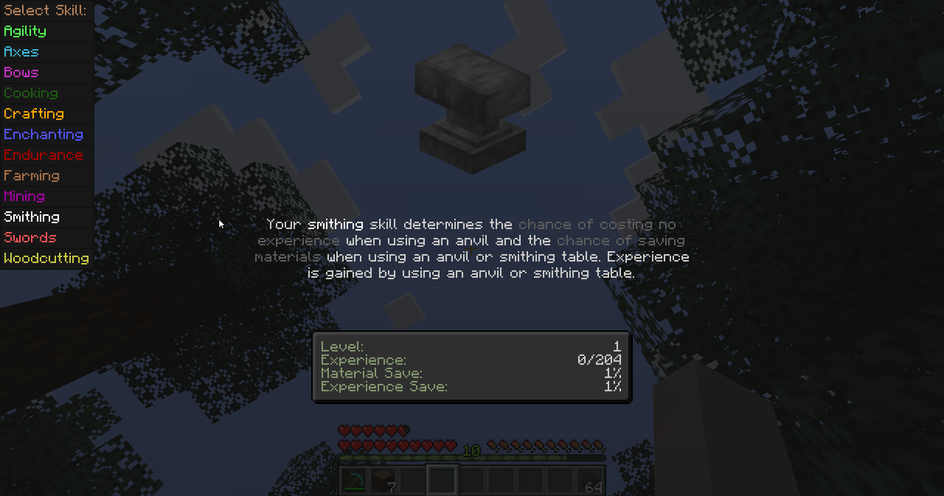 Smithing skill screen