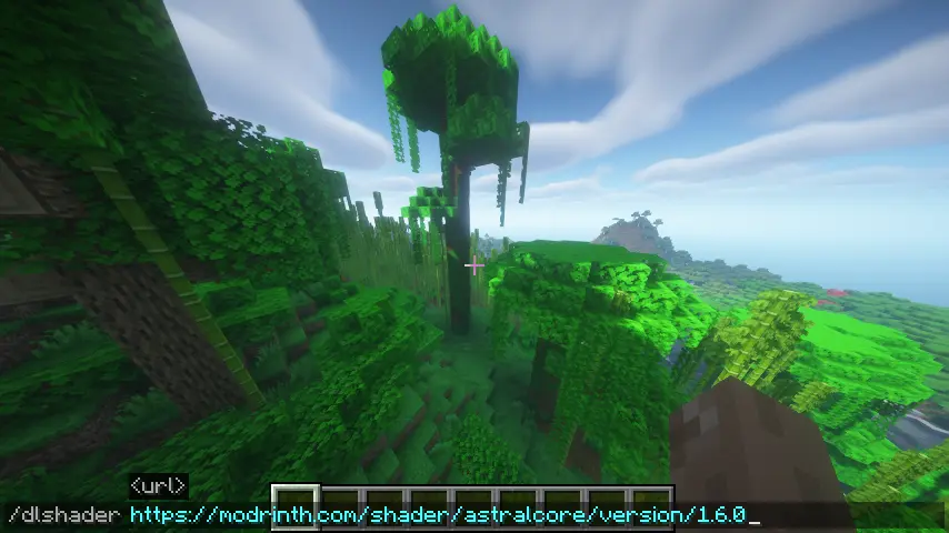 A minecraft world with shaders applied with the text '/dlshader https://modrinth.com/shader/astralcore/version/1.6.0' in the player's command window