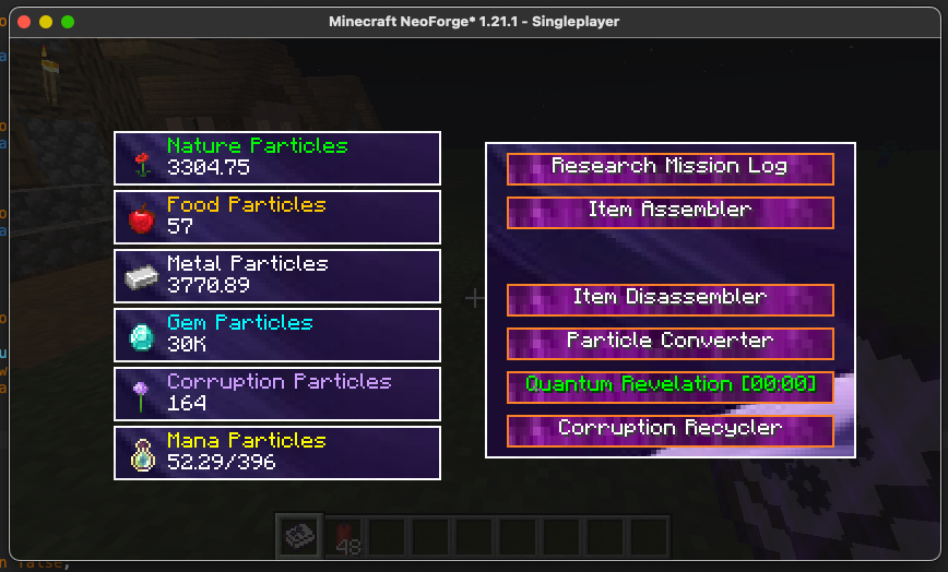 Main Menu & Particle Storage info