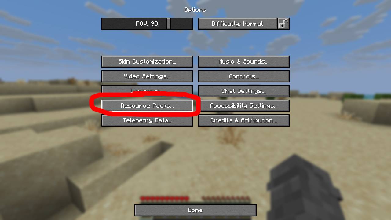 Image indicating to the "Resource Packs" button