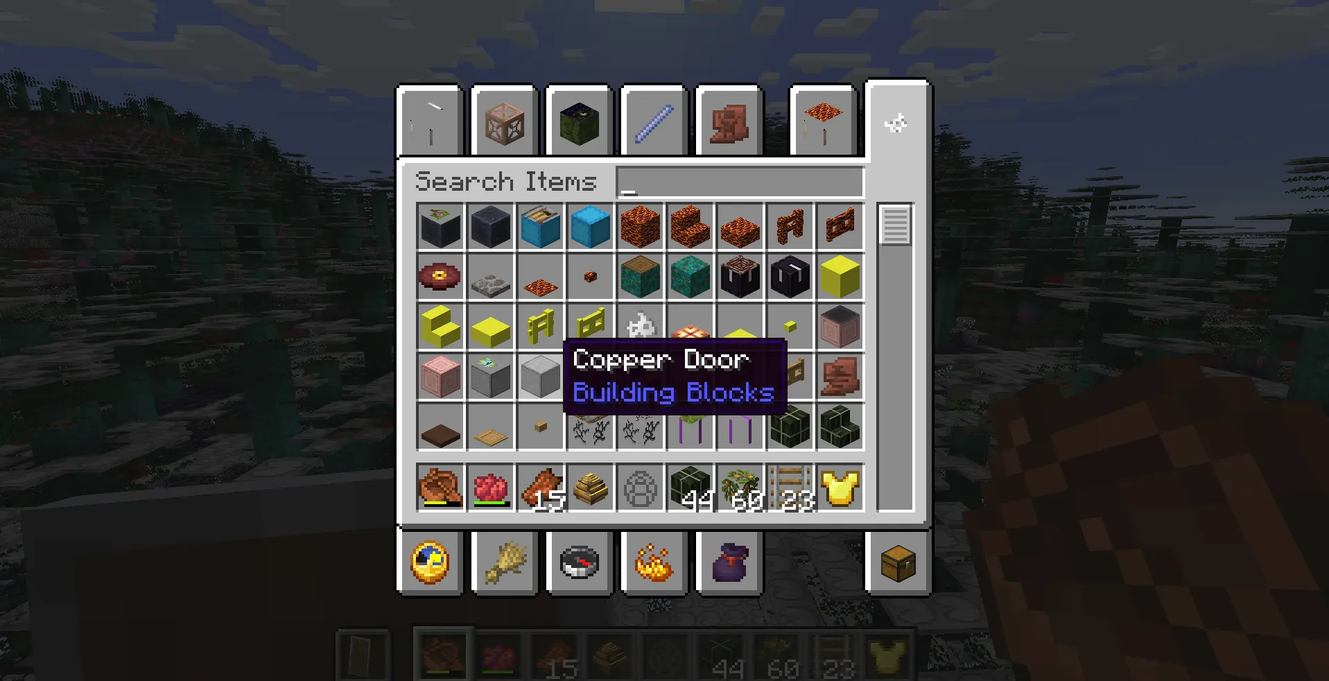 The Creative inventory with a spruce biome in the background. The textures and names of the items on screen are all different or wrong.