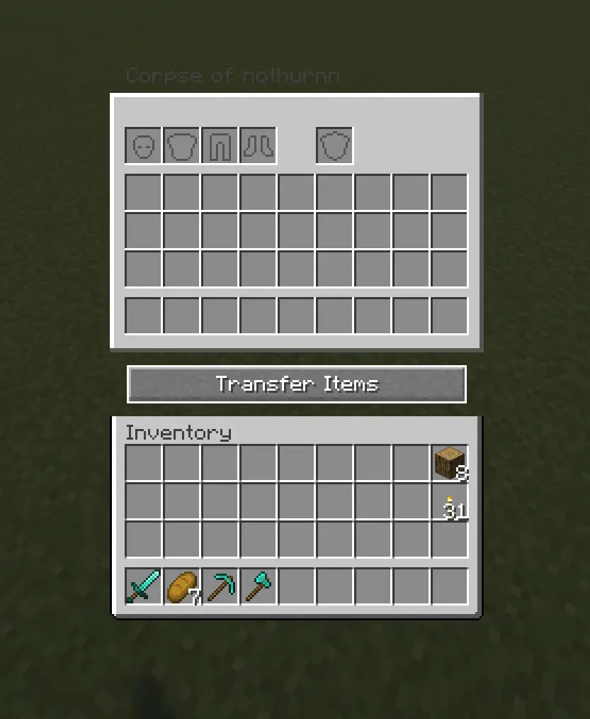 Screenshot of the Corpse: Refined inventory screen, titled "Corpse of nothurnn", shown while the corpse is empty. The top row shows four grayed-out placeholder icons for armor (helmet, chestplate, leggings, boots), a gap, and a separate grayed-out offhand slot. Below is an empty 4-row storage grid, a "Transfer Items" button, and the player's own inventory beneath it — mostly empty except a stack of 8 wood and a stack of 31 torches in the rightmost column, and a sword, 7 bread, a pickaxe, and an axe in the hotbar.