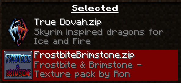 Pack selection screen when paired with Frostbite & Brimstone