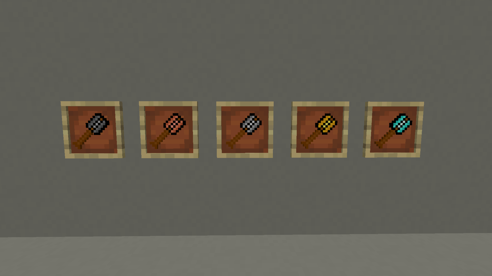 Stone, Copper, Iron, Gold, and Diamond Sifting Hammers, all in item frames