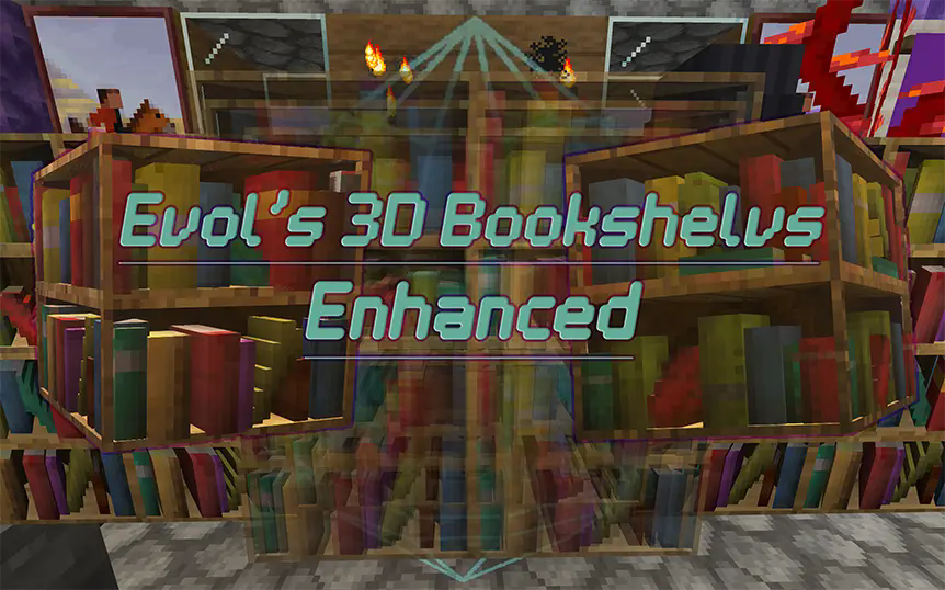 Title image with Two new bookshelves popping out at the viewer, and the title "Evol's 3D Bookshelves Enhanced"