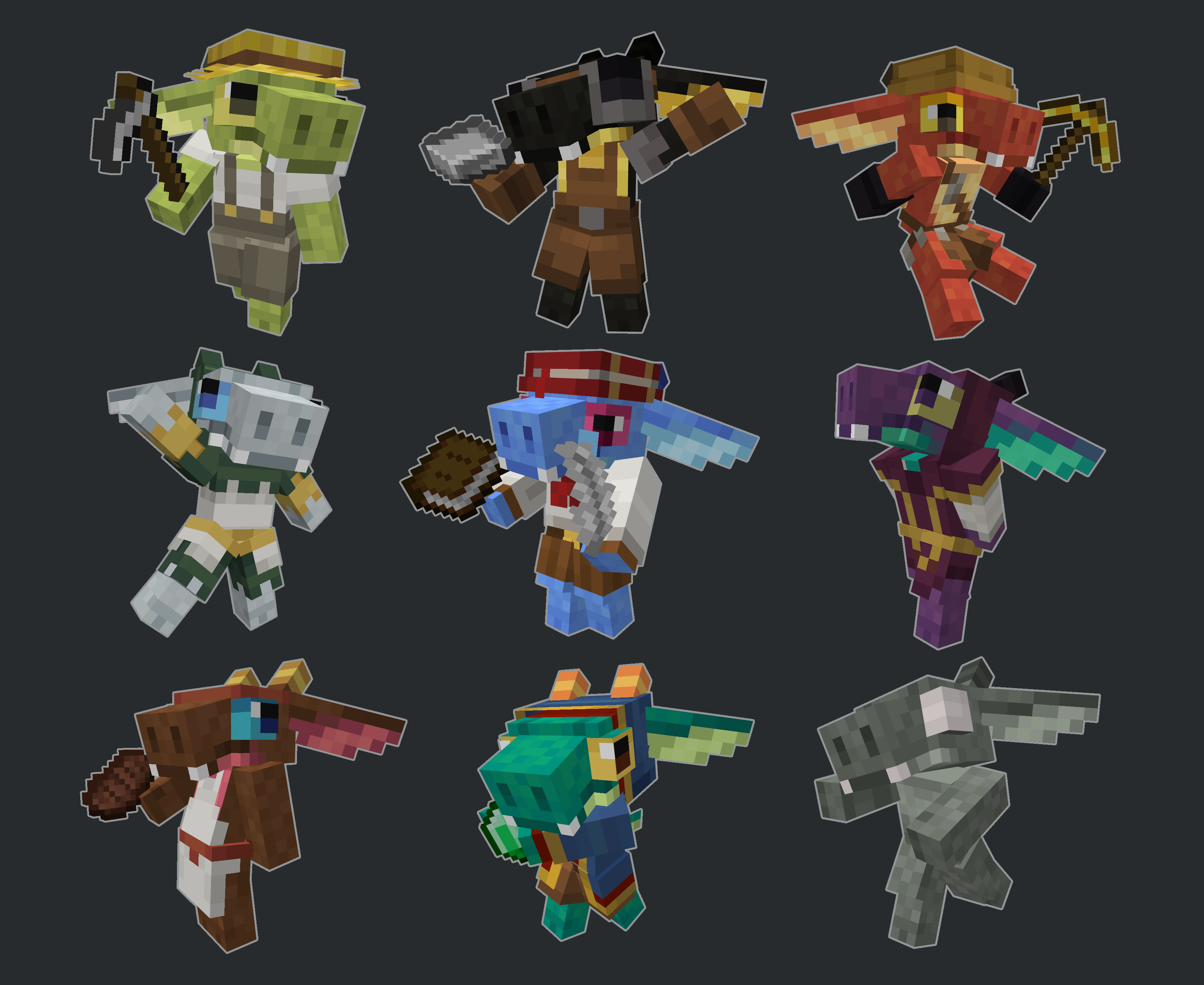 A collection of renders made with all the different kobolds in the pack.