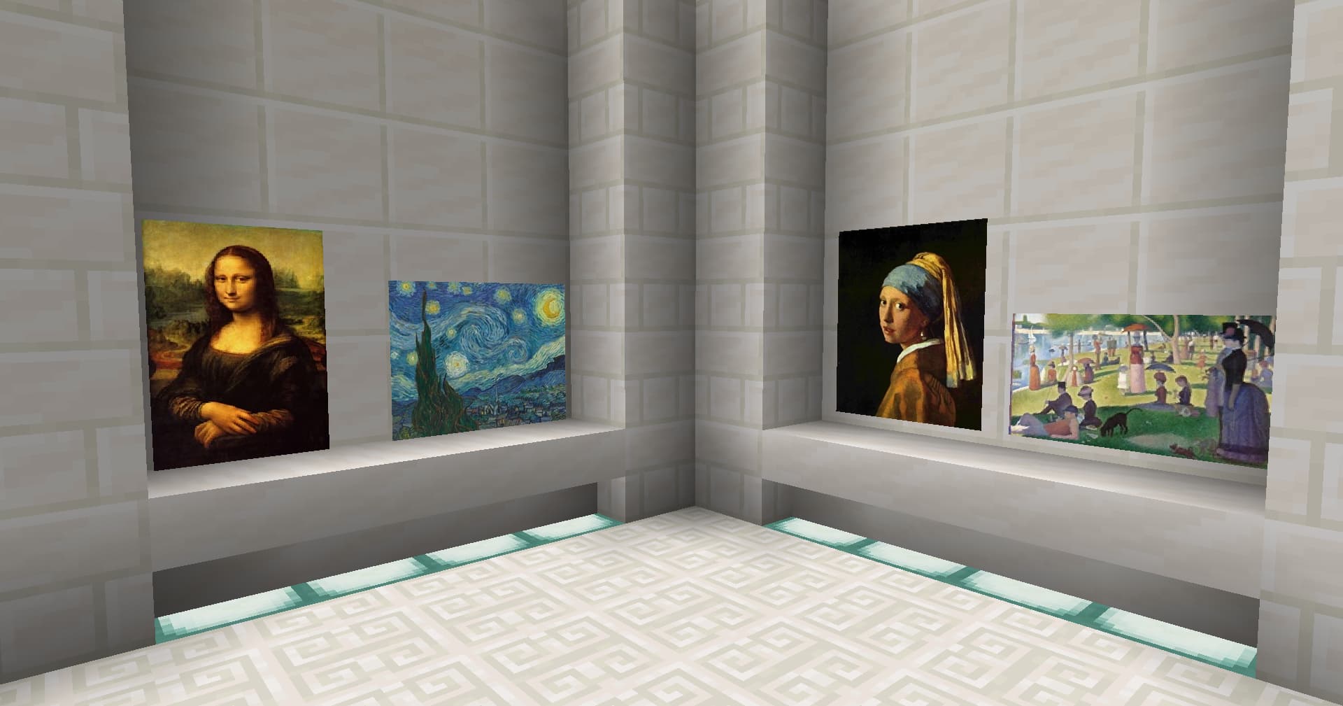 A screenshot of 4 different images in an art gallery in Minecraft