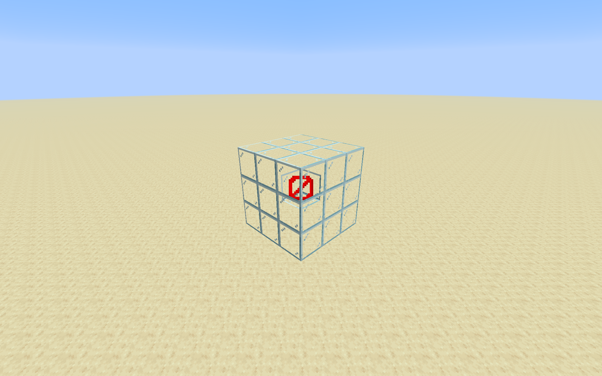 Visualization of the effect of Multimine IV, with a barrier as the block mined by the user, and glass as the blocks broken by Multimine.