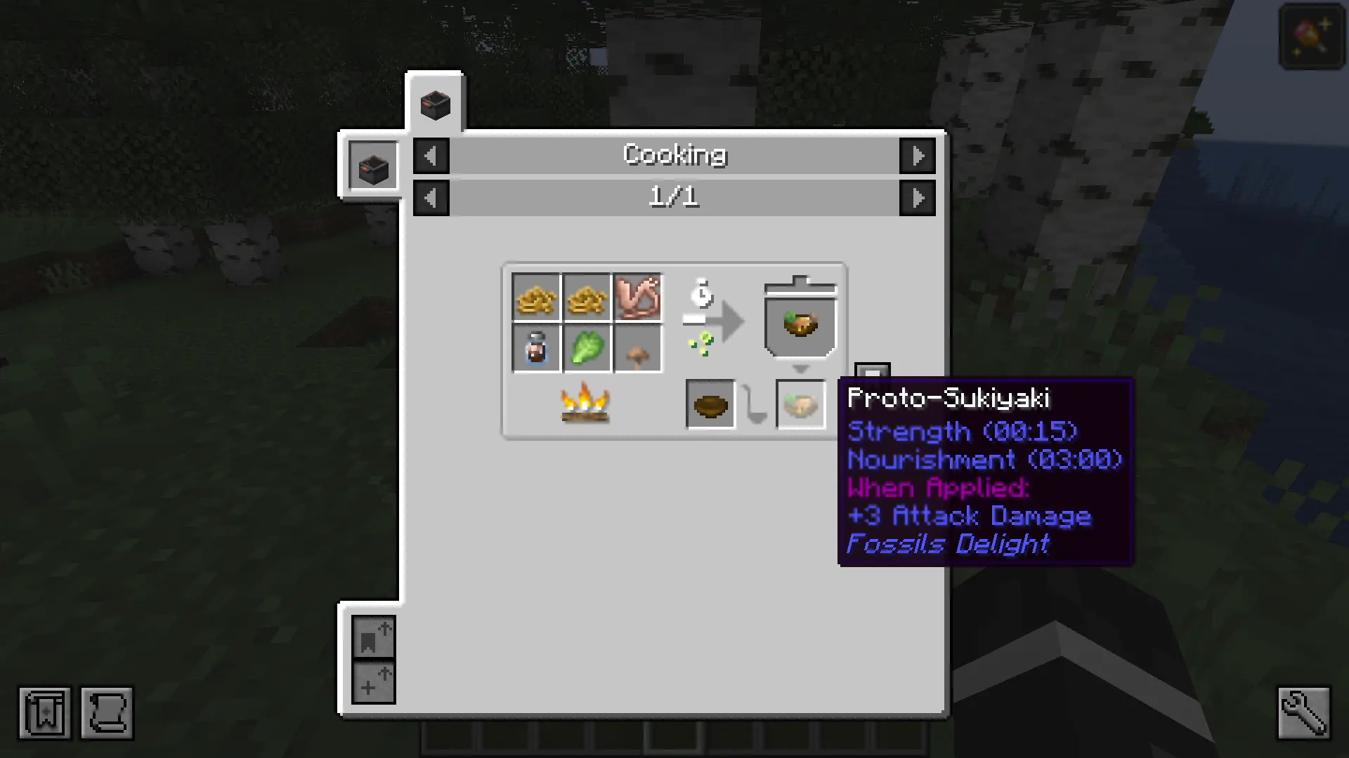 Proto sukiyaki, which gives 15s of strength and 180s of nourishment, shown to be made using 2 pasta, 1 dino meat, 1 chicken essence, one cabbage, and one mushroom. Also shown to be stored in a bowl.
