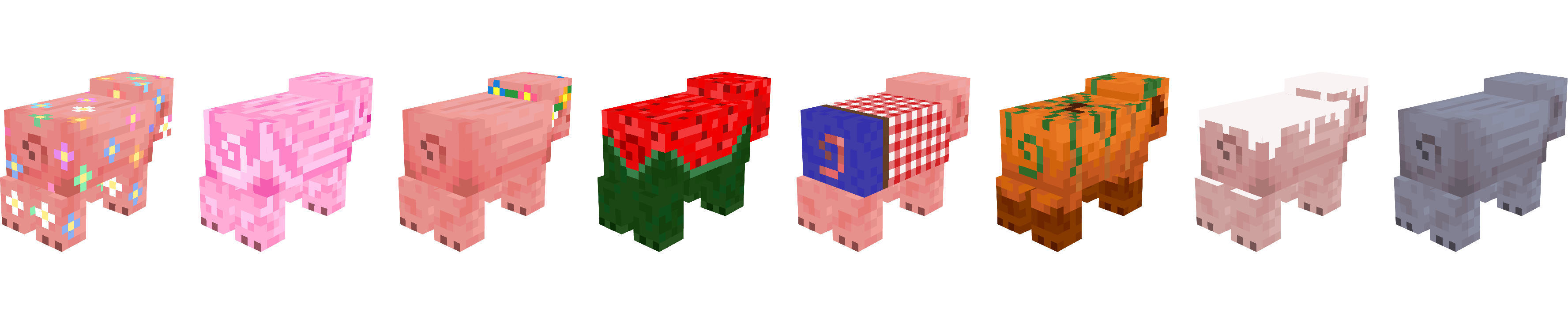 All 8 seasonal pigs are shown from behind