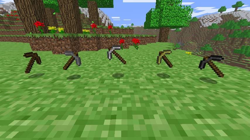 showcase of the tool progression from Wood to Stone to Iron to Gold. Bedrock tools exist but mine at the same speed as stone