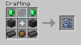 An image showing the crafting recipe for the mech. Two emeralds in the top corners, two netherite blocks in the center corners, two neterite ingots in the bottom corners. One glass pane in the top middle, one nether star in the exact center, and one fire charge in the bottom center slot.