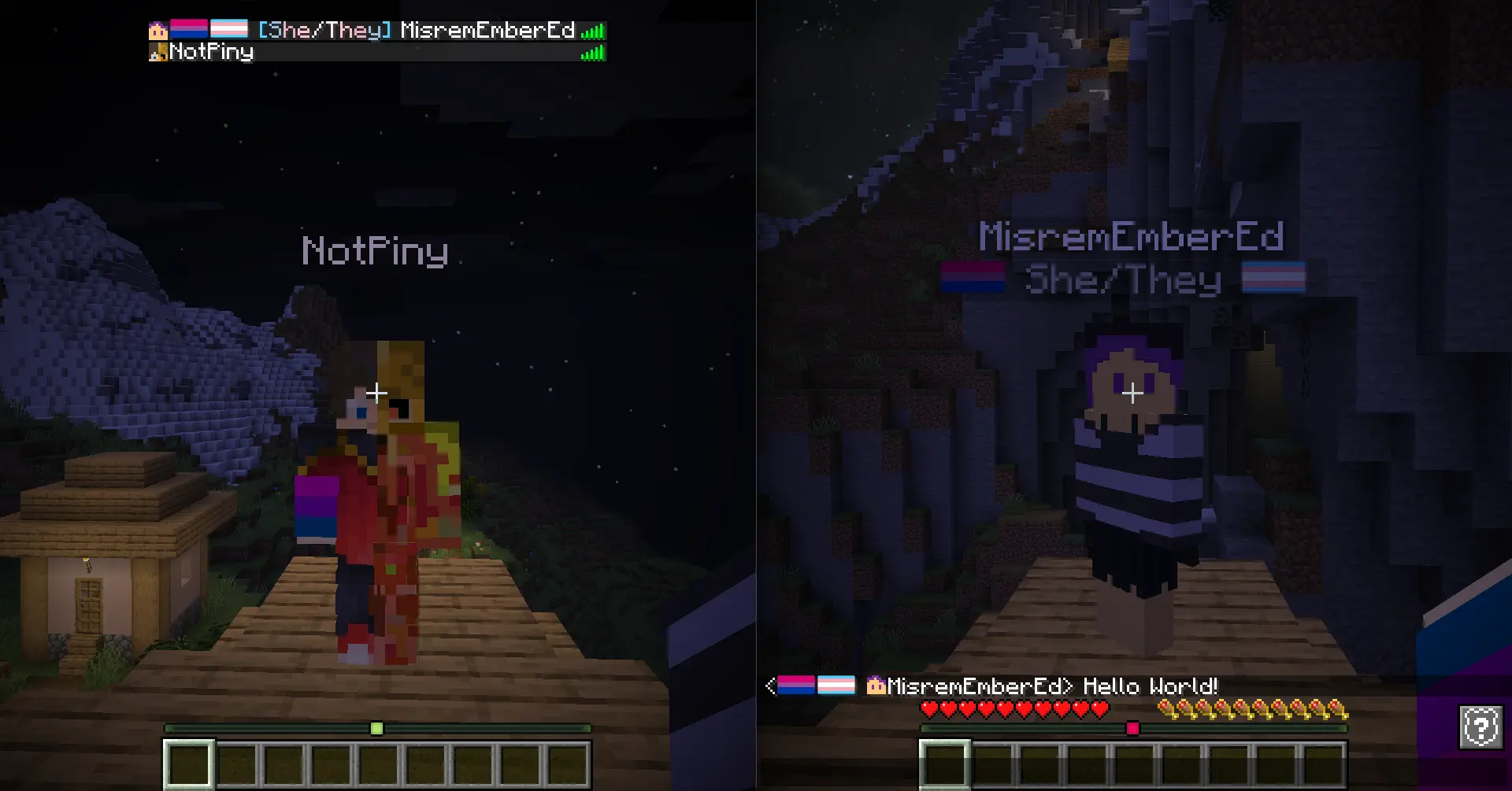 A screenshot of pride flags being displayed below a player's name, in the tab list, and in the chat.