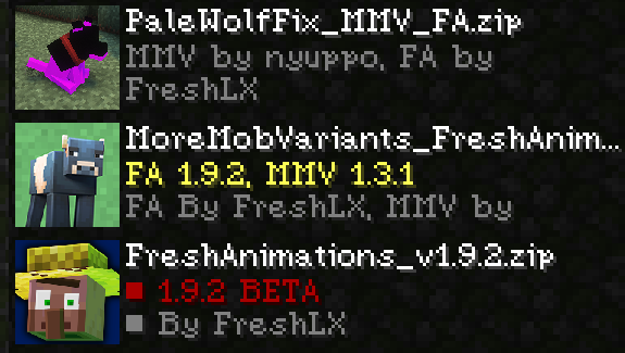 The in-game resource pack menu with 3 packs enabled. Pale Wolf Fix on the top, More Mob Variants + Fresh Animations in the middle, and Fresh Animations on the bottom.
