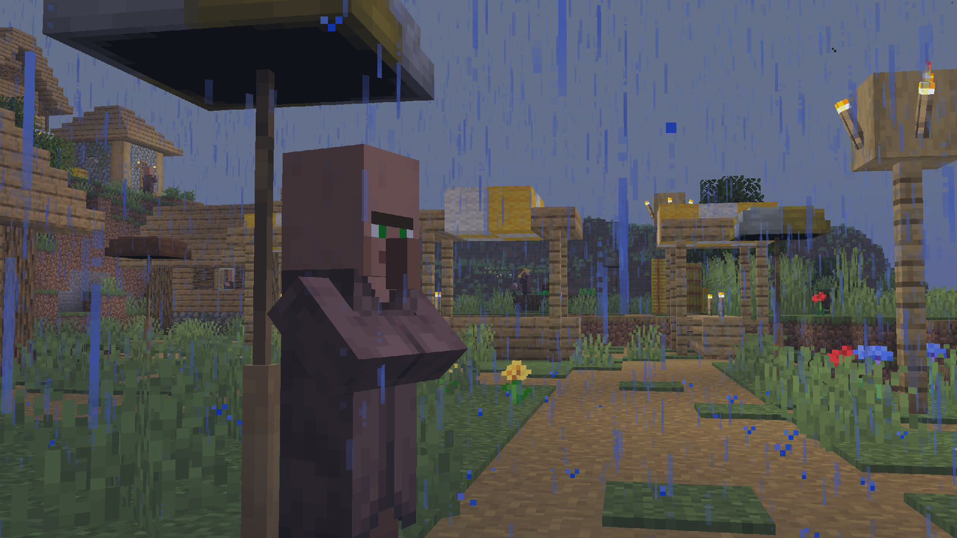 A villager taking shelter from the rain under an Umbrella