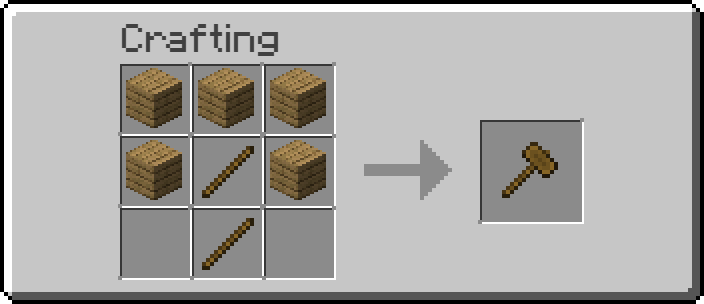 Crafting recipe for a wooden hammer made with five wooden planks surrounding two sticks in the center column