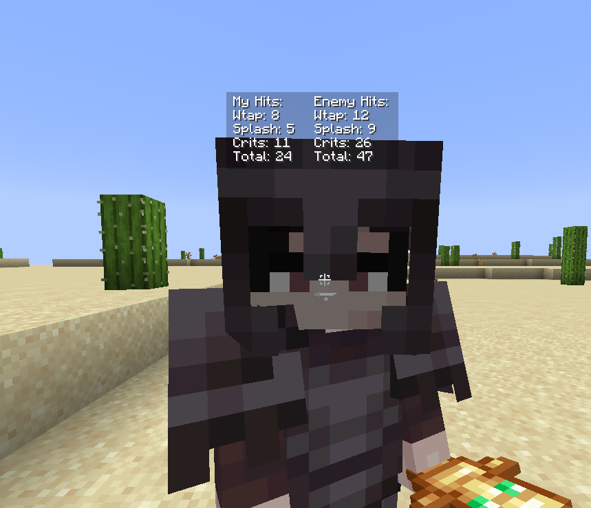Minecraft PvP HUD showing My Hits and Enemy Hits with Wtap, Splash, Crits, and Total counts during combat