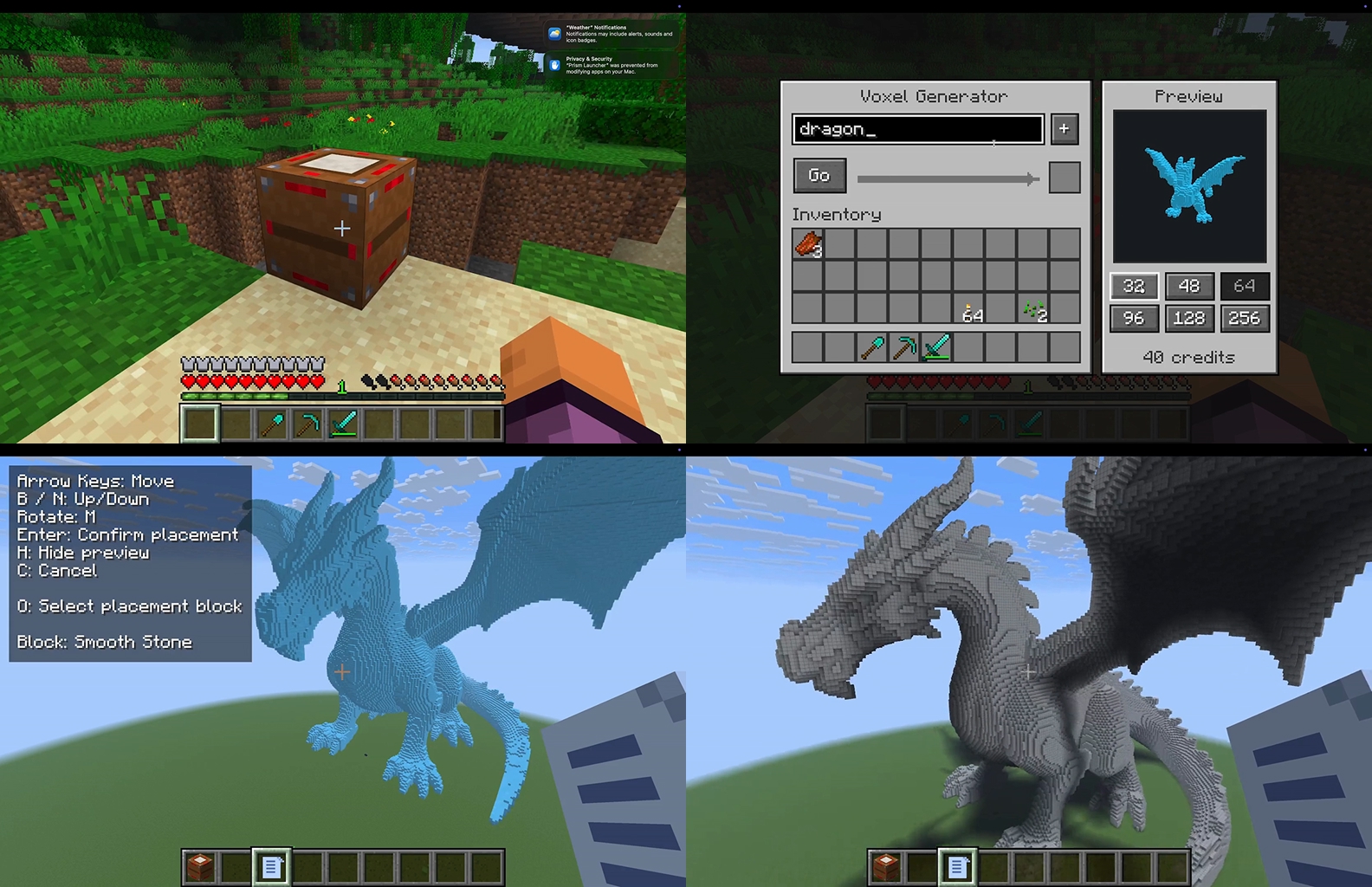 a 4 panel image showing generating a dragon and placing it
