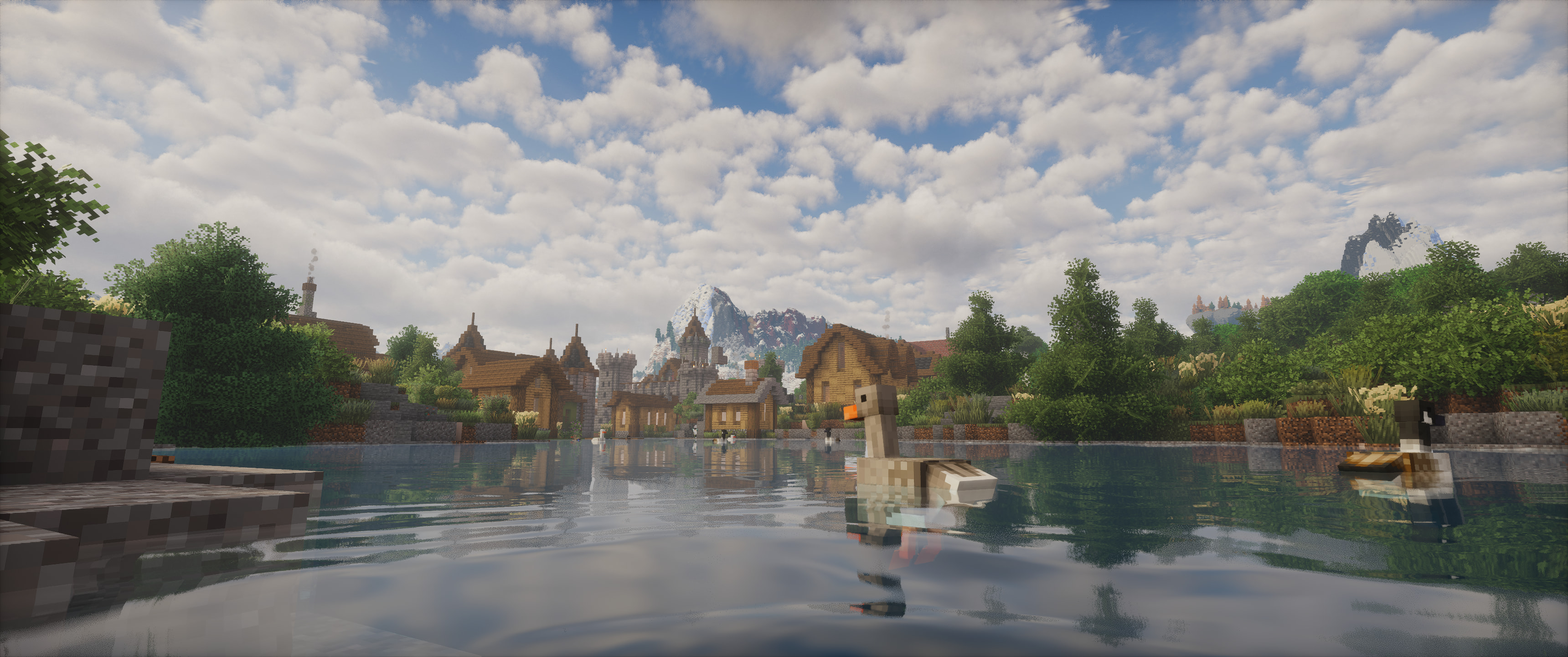 Landscape of a medieval city close to a river with a moutain in the background
