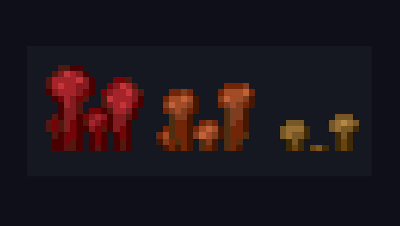 Nether Wart stages 3 through 1. Stage 3 is red, stage 2 is orange, and stage 1 is yellow.