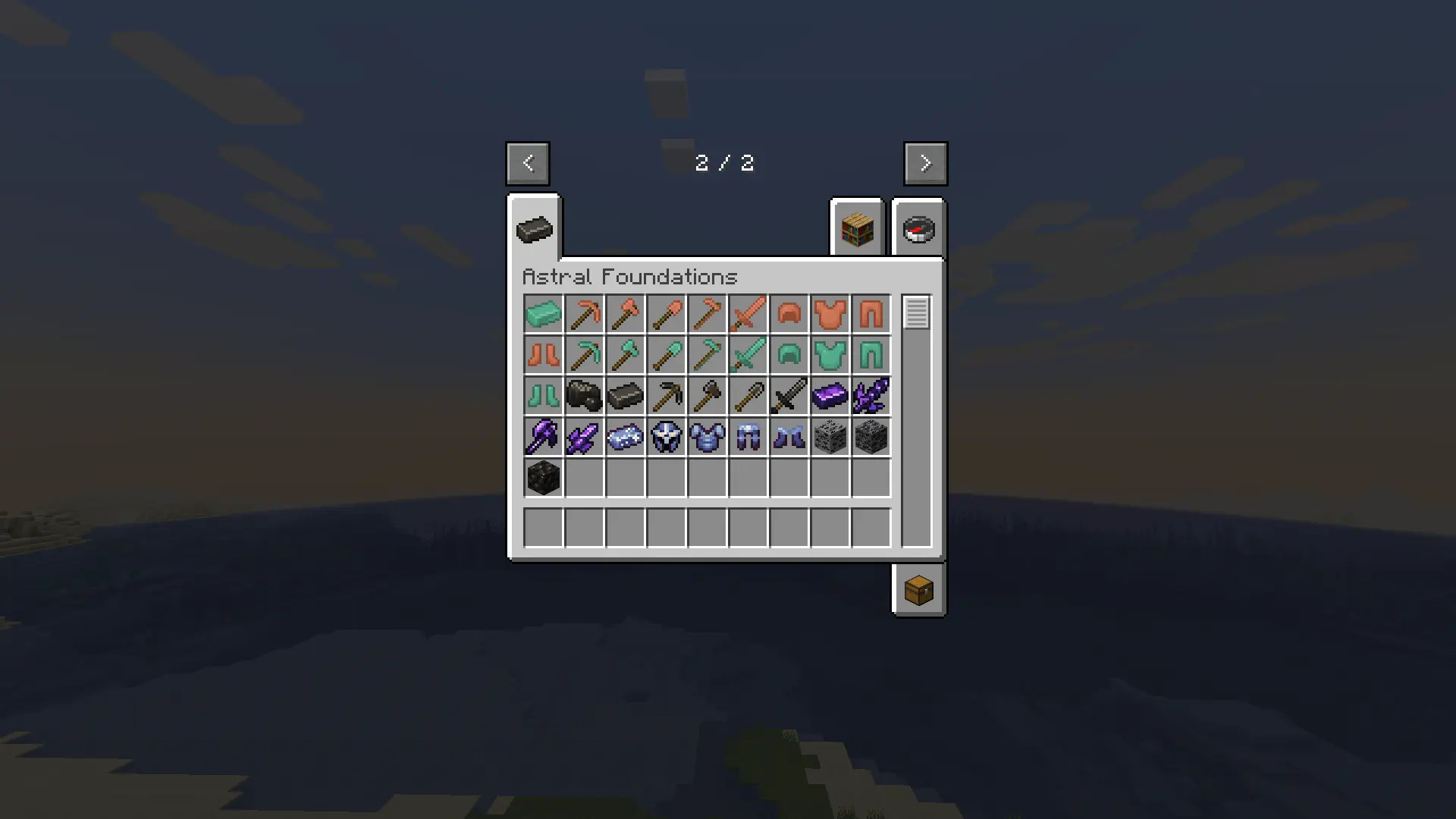 The Astral Foundations creative menu tab, showing copper and oxidized copper tools and armor, the three meteoric tools, void steel weapons, starfall alloy armor, the ingots, and the meteorite ore blocks.