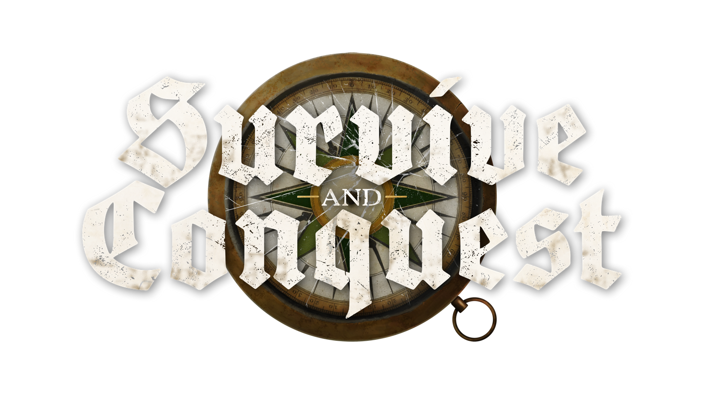 Logo that says "Survive and Conquest" in bold letters, featuring a large gold and green compass in the background, centered.