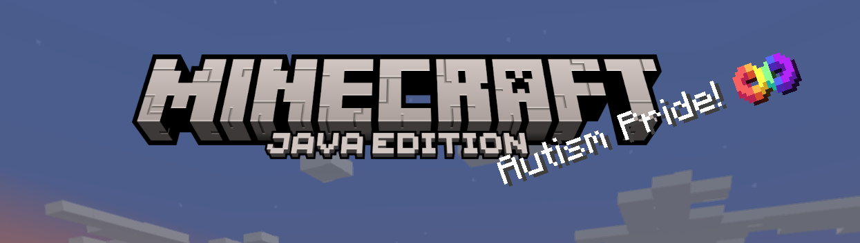 A cropped screenshot of the Minecraft title screen, the splash text reading "Autism Pride!" with a neurodivergency symbol to the right of it.