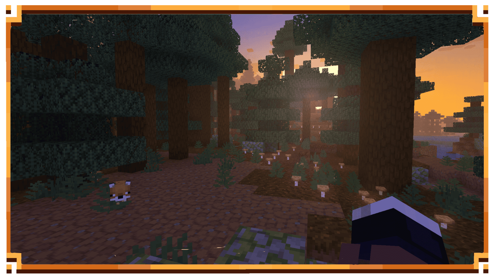 Taiga biome with the sun rising and a fox